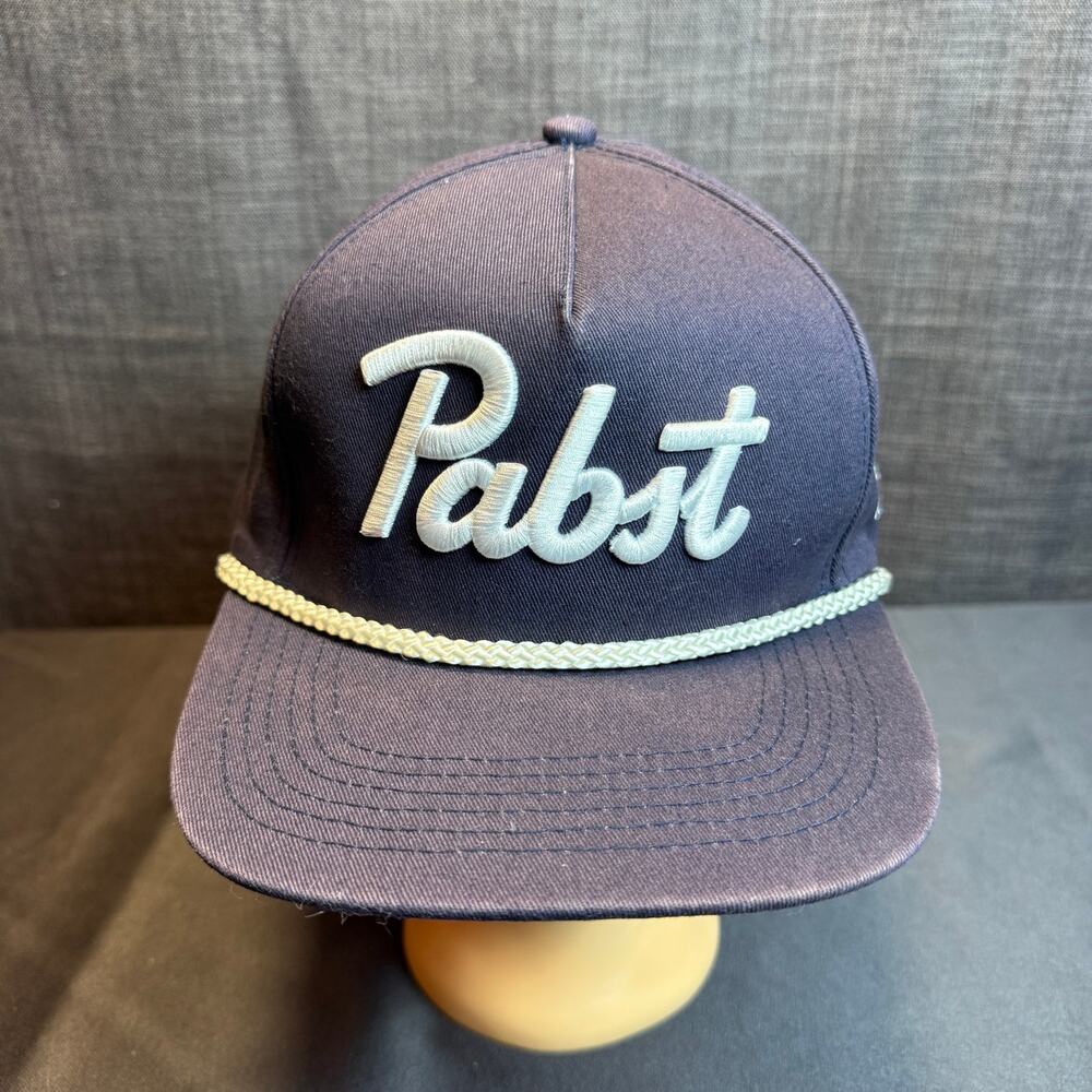 Pabst Blue Ribbon PBR Rope Trucker Hat Navy Blue Embroidered Script Snapback